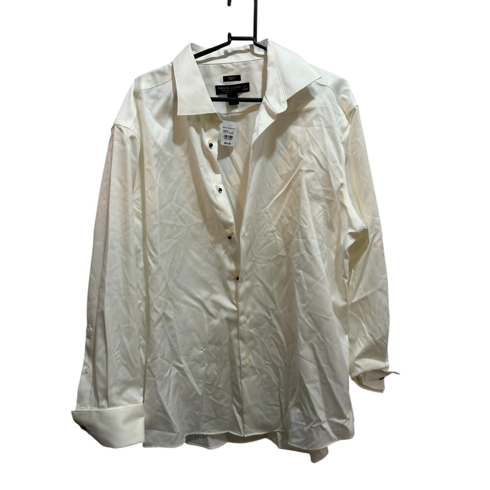 Pronto Uomo‎ Non Iron Slim Fit Dress Shirt Cream Pinstripe 17.5 32/33
